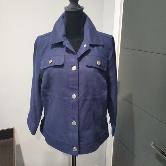 Isaac Mizrahi Navy Blue Linen Blend  Denim Style 3/4 Sleeve Jacket  10 - Picture 1 of 8